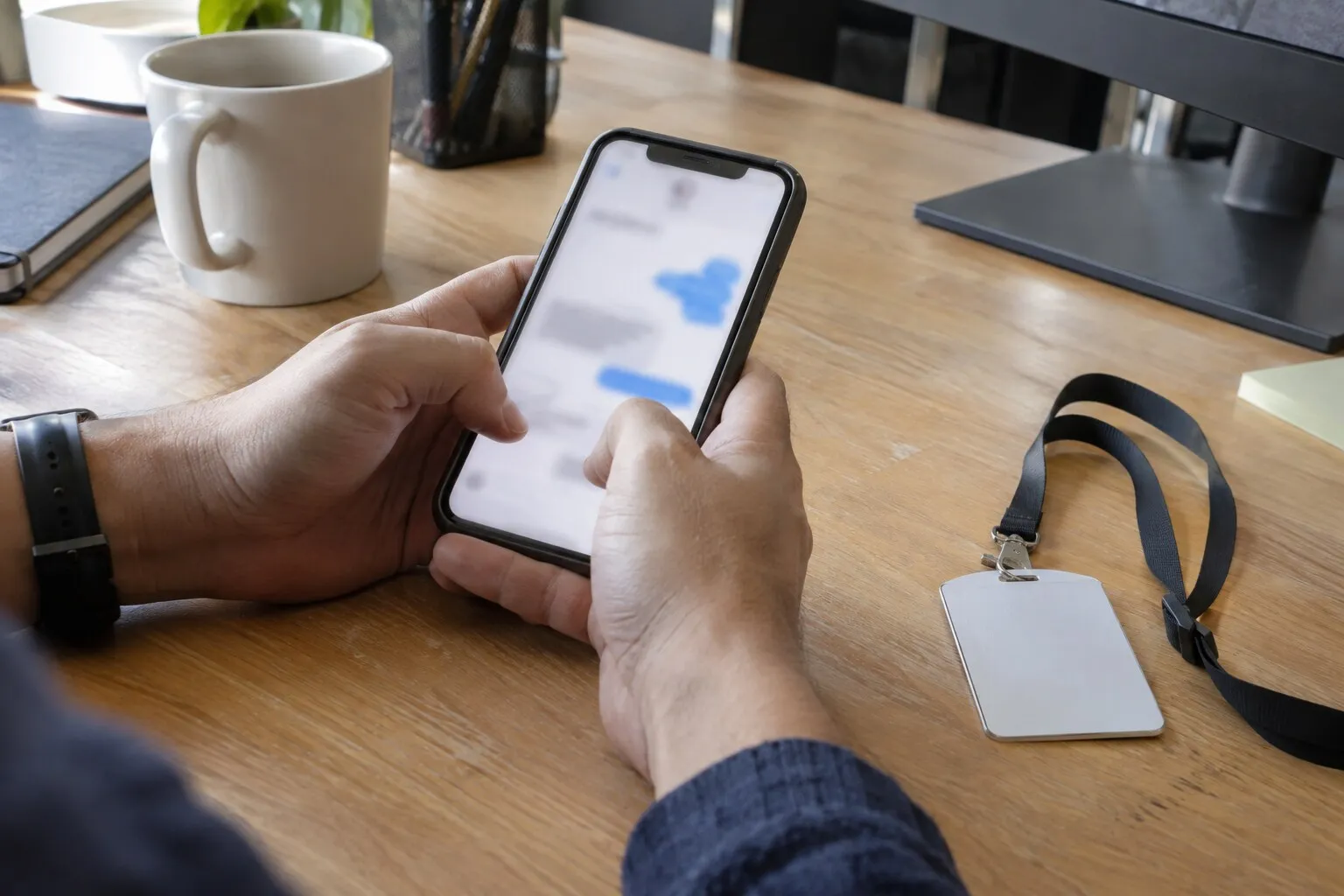 Handen houden een smartphone met een chatapp vast, naast een overheidspas aan een keycord