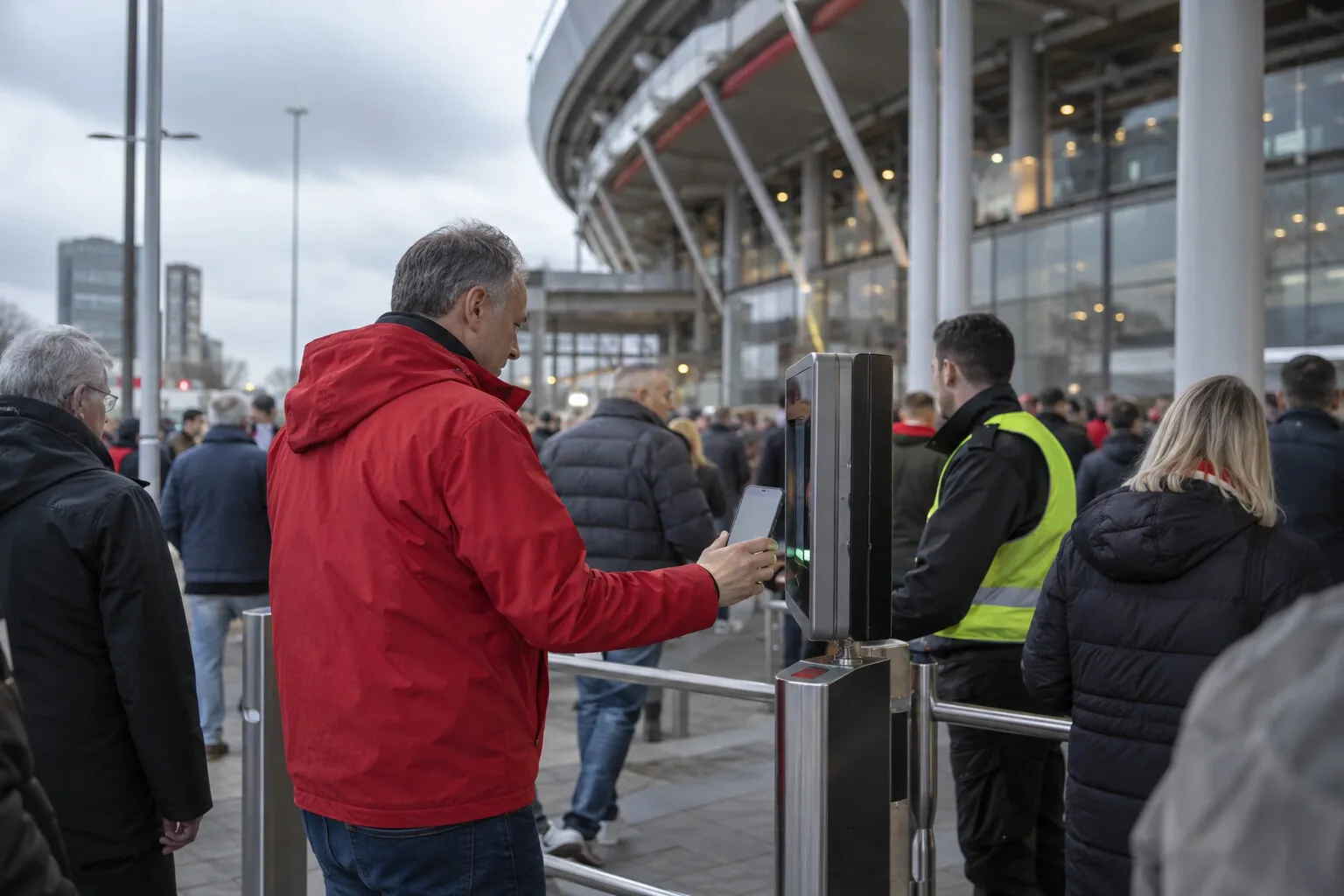 Supporter bij de ingang van een stadion houdt zijn telefoon omhoog om een ticket te scannen