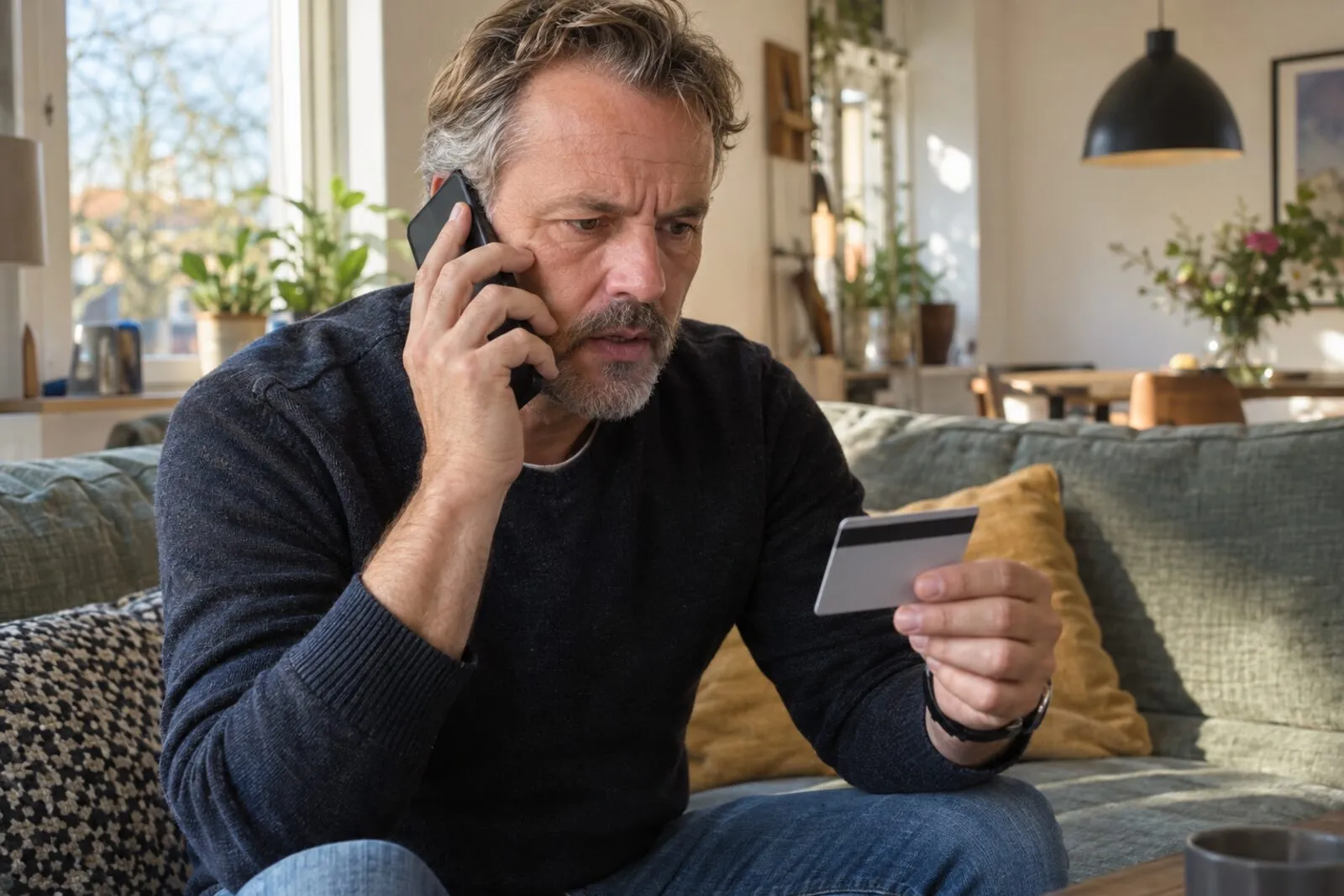 Man op de bank belt met zijn bank terwijl hij zijn bankpas vasthoudt