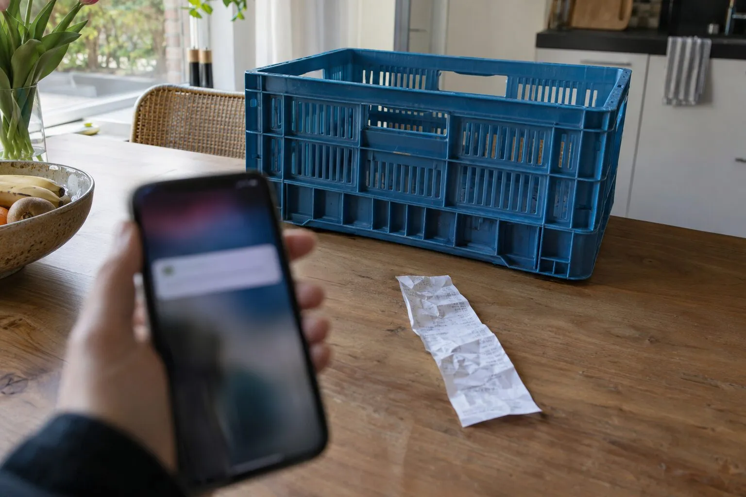 Hand met een telefoon die een onleesbare melding toont, boven een keukentafel met een lege boodschappenkrat en een kassabon