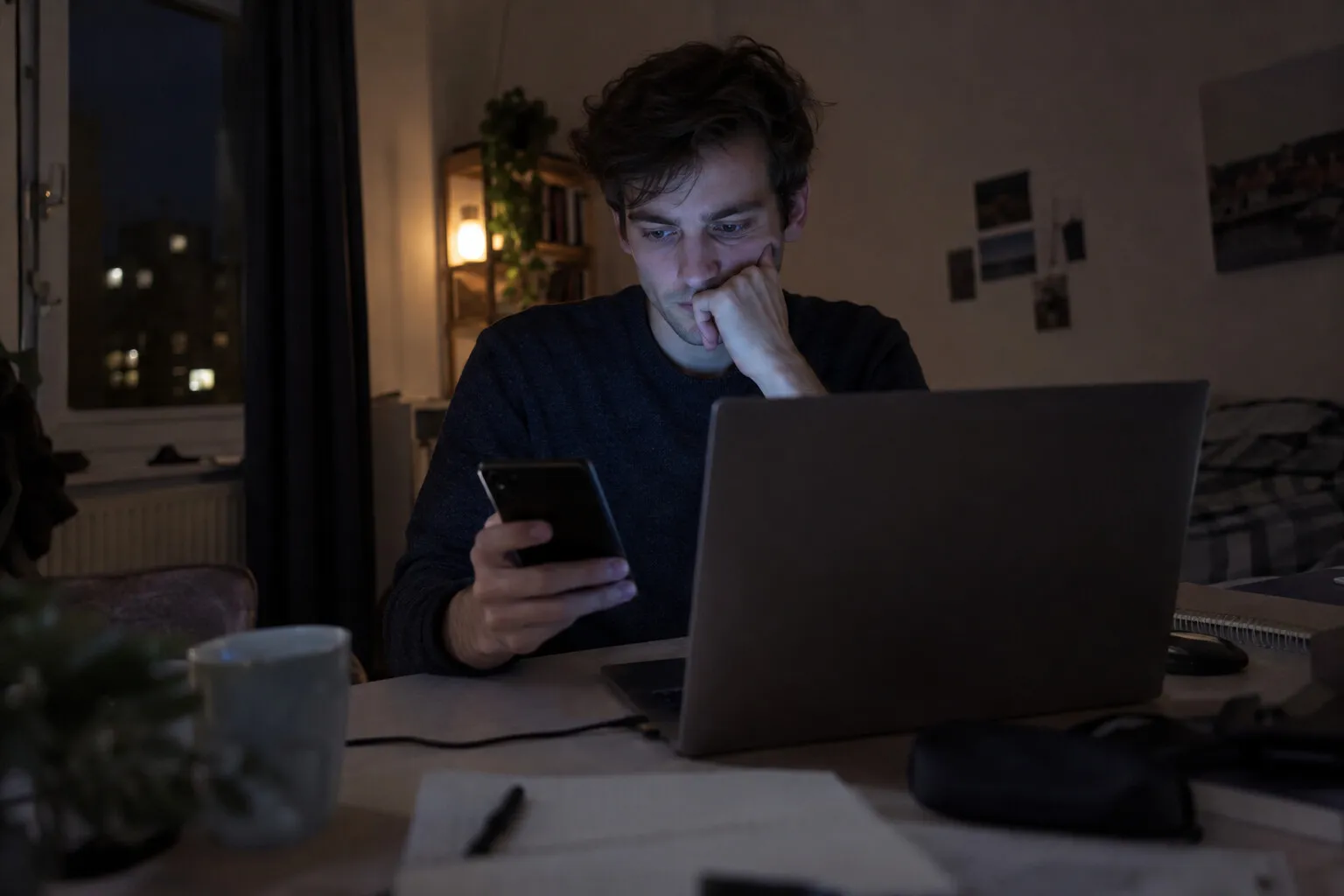 Jongeman zit 's nachts achter zijn laptop met een Android-telefoon in de hand