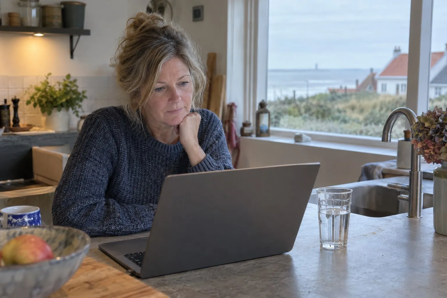 Vrouw in een kustwoning bekijkt een mail op haar laptop, met een glas water op het aanrecht