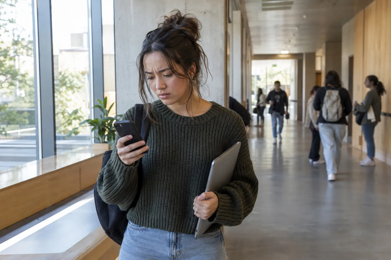 Student met laptop in de gang van een hogeschool leest bezorgd iets op haar telefoon