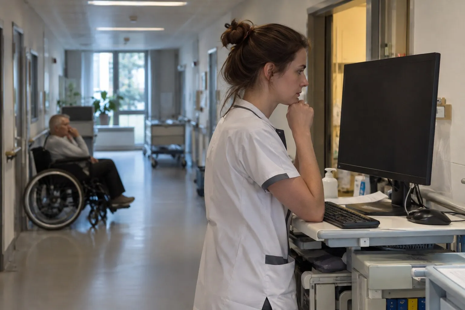 Verpleegkundige in een ziekenhuisgang kijkt naar een donker computerscherm