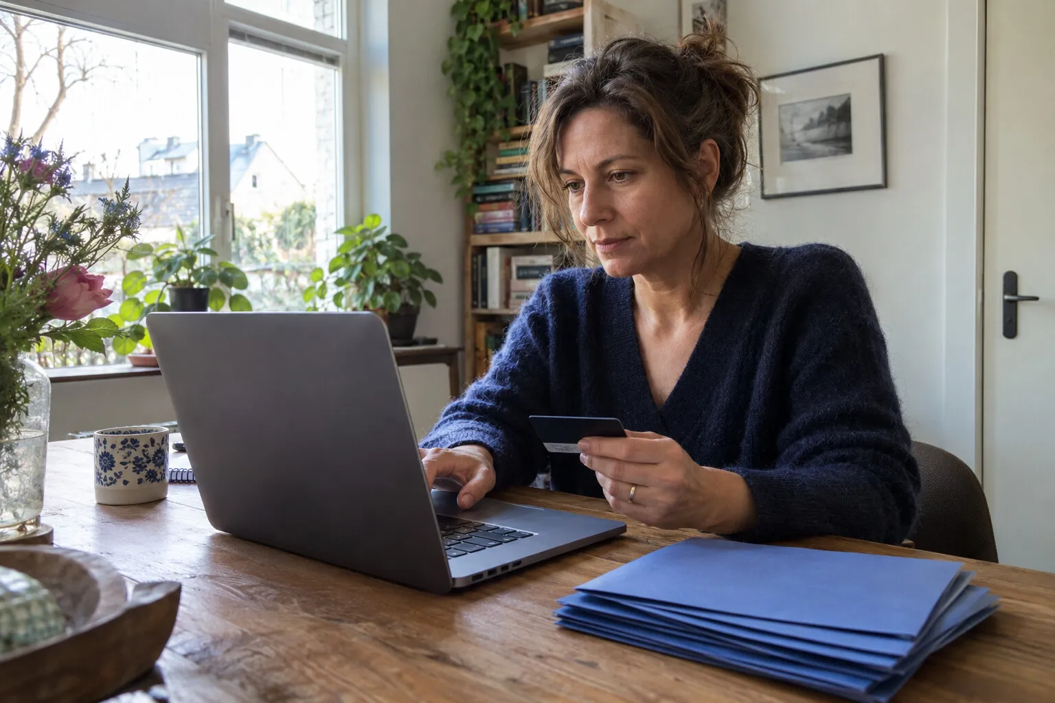 Vrouw vult thuis aan haar bureau een betaling in op haar laptop, naast een stapel blauwe enveloppen