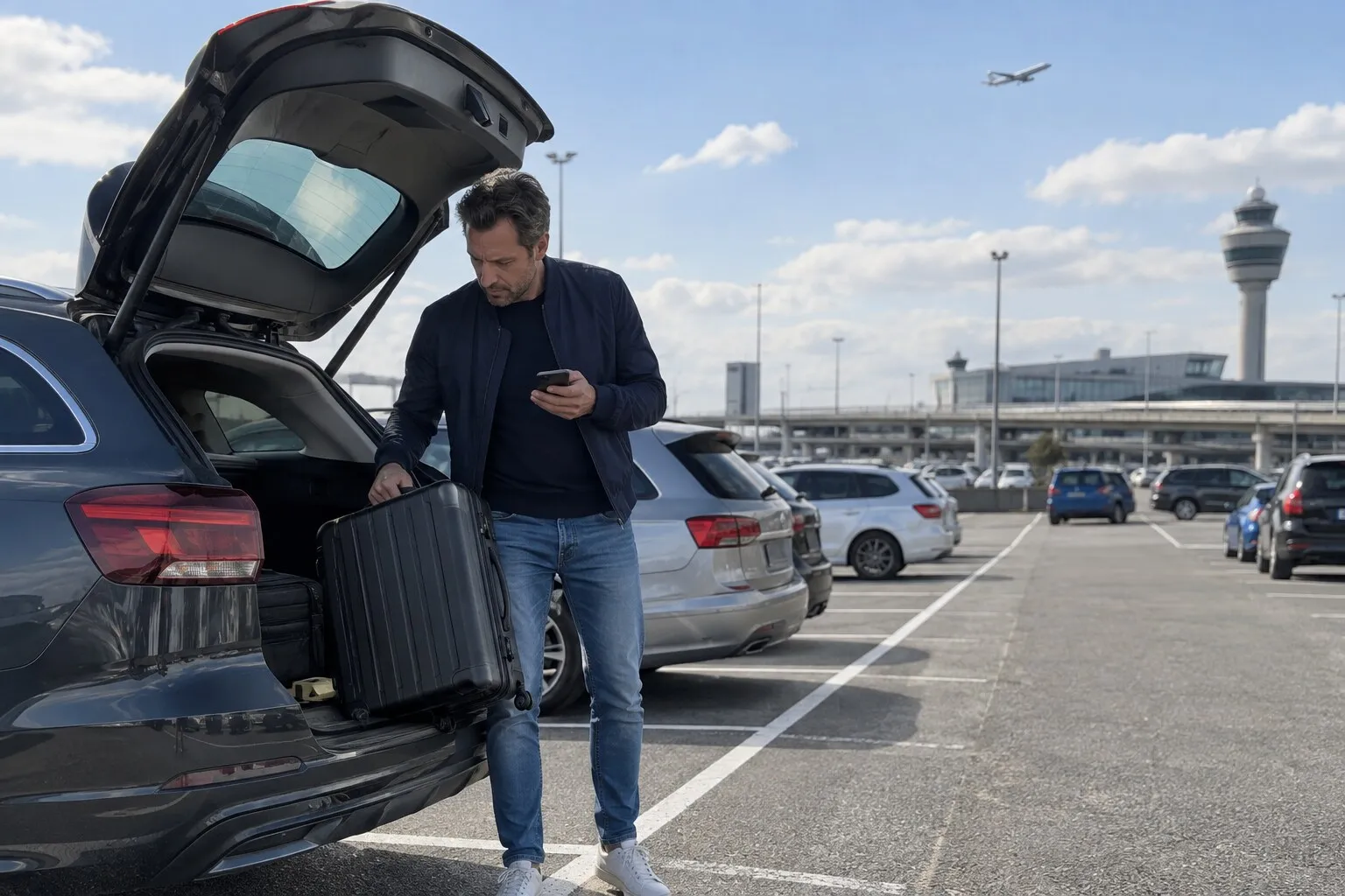 Reiziger haalt zijn koffer uit de auto op een parkeerterrein bij een luchthaven en kijkt naar zijn telefoon