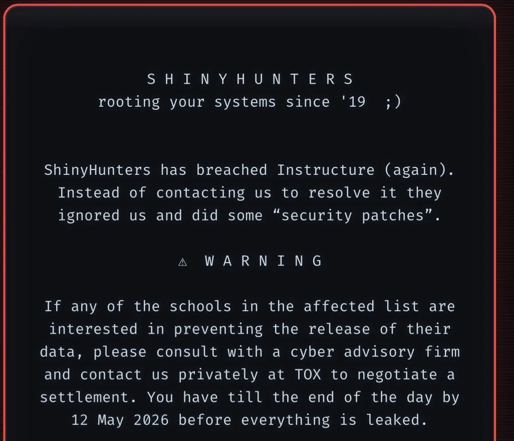 Afpersingsmelding van ShinyHunters over de hack bij Instructure, met de deadline van 12 mei 2026