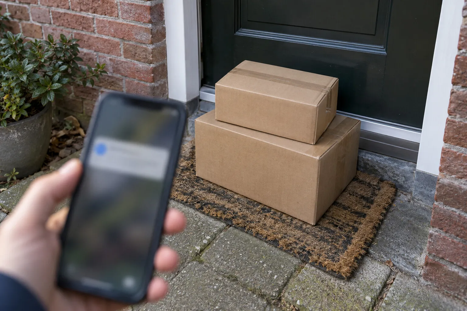 Twee pakketten op de deurmat en een hand met een telefoon die een melding toont