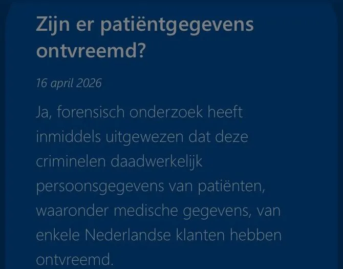 Informatiepagina van ChipSoft van 16 april 2026: Zijn er patiëntgegevens ontvreemd? Ja