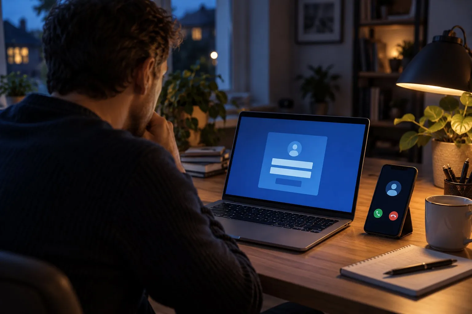 Illustratie van een medewerker die een helpdeskverzoek op laptop en telefoon controleert
