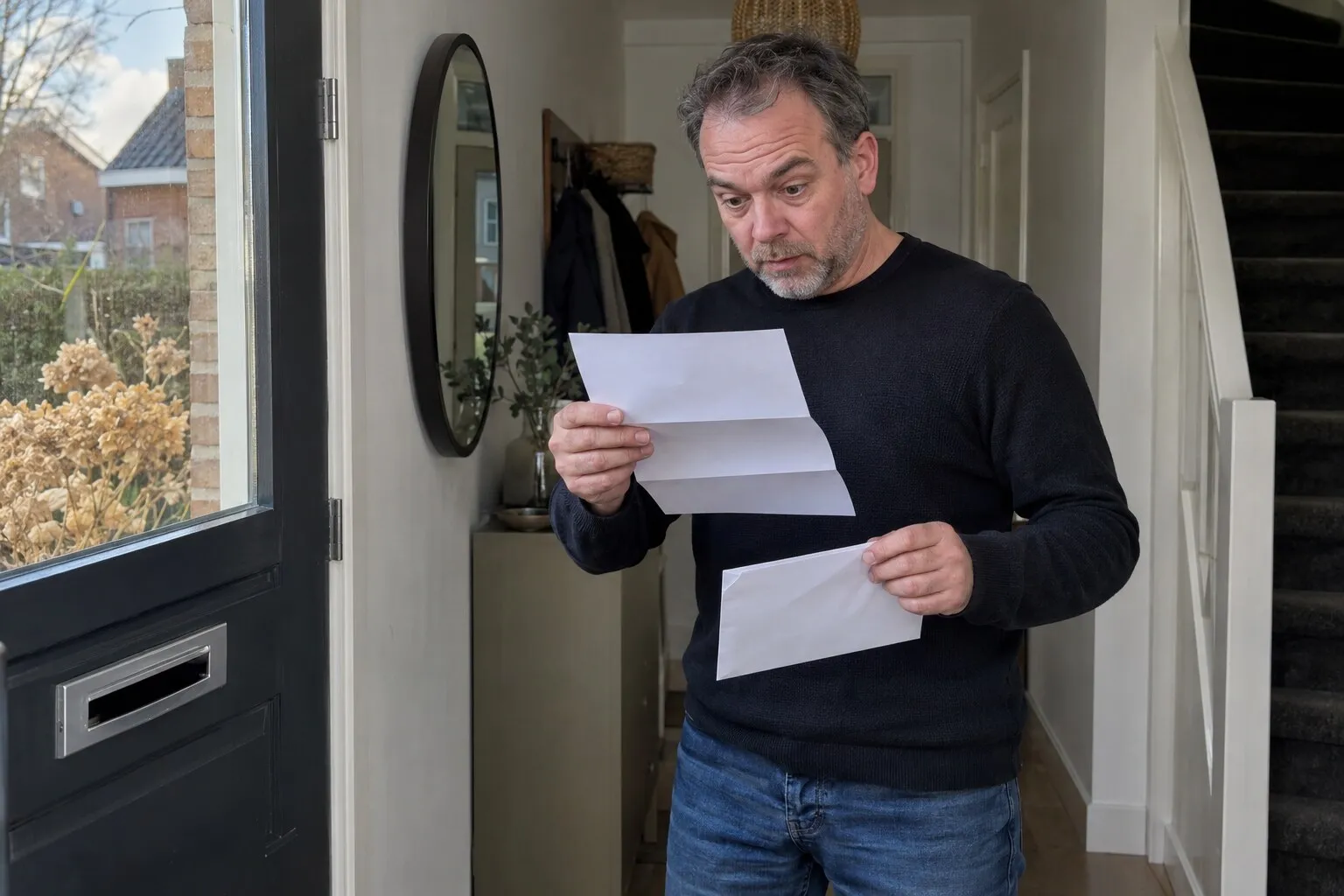 Man in de gang leest verbaasd een officiële brief