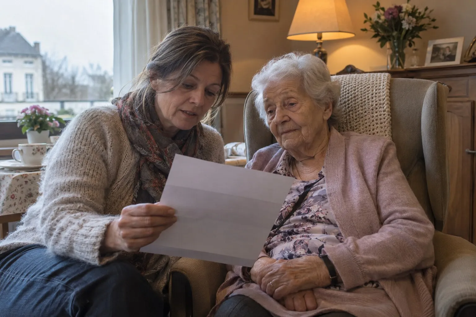 Dochter leest haar hoogbejaarde moeder een brief voor in een verzorgingshuis