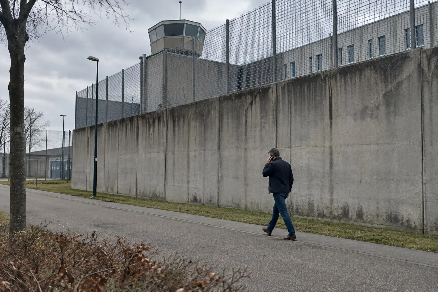 Medewerker loopt bellend langs de hoge muur van een penitentiaire inrichting