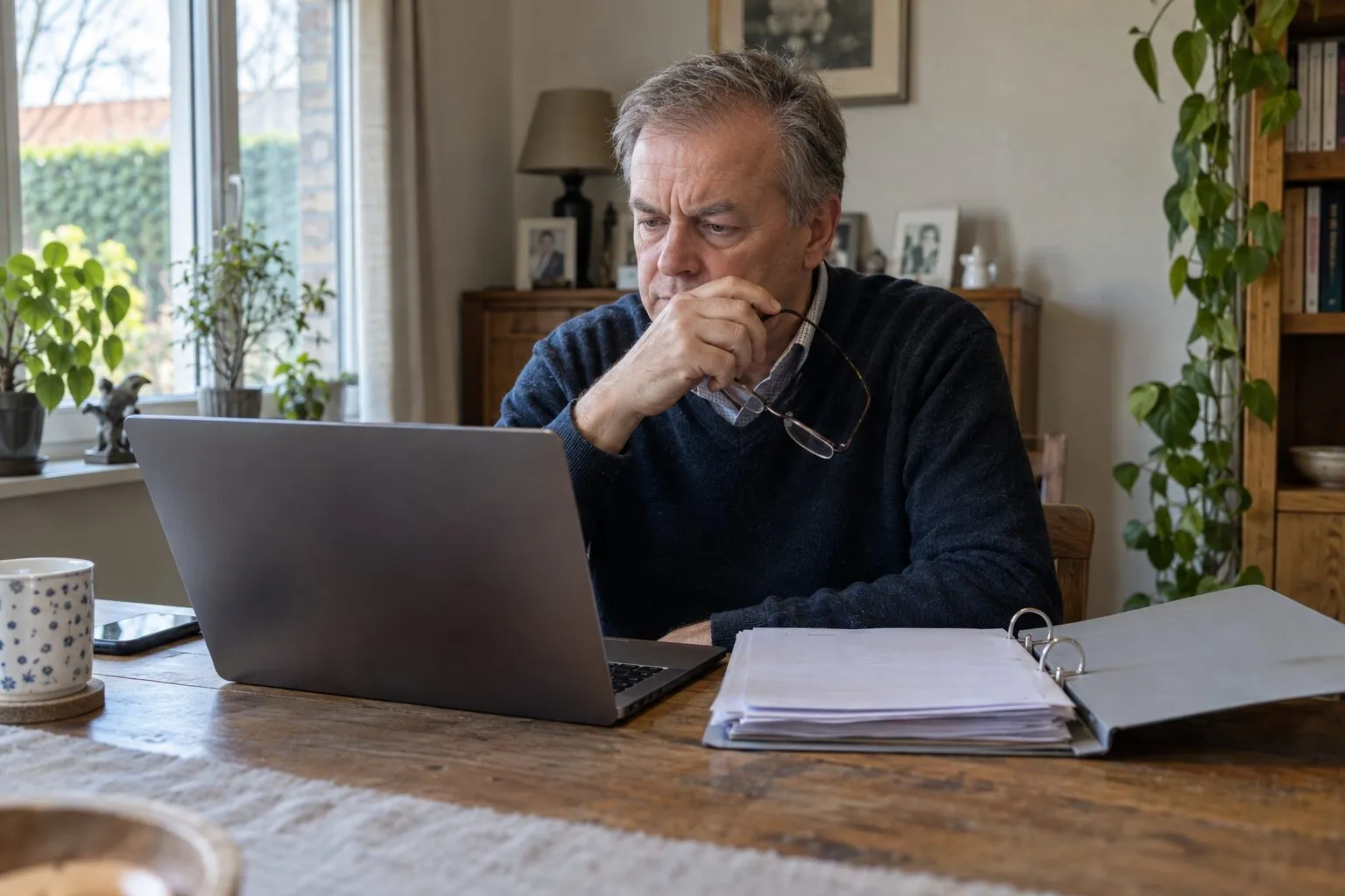 Man aan zijn bureau met belastingpapieren leest aandachtig een mail op zijn laptop