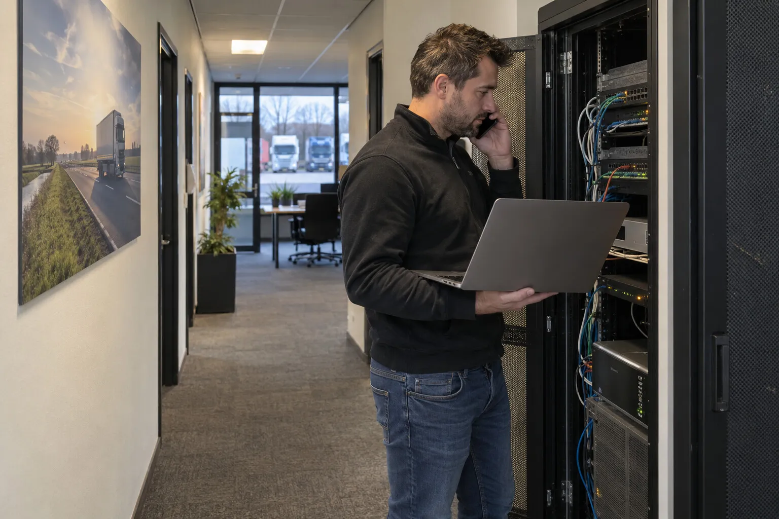IT-medewerker met laptop belt voor een serverkast in de gang van een kantoor