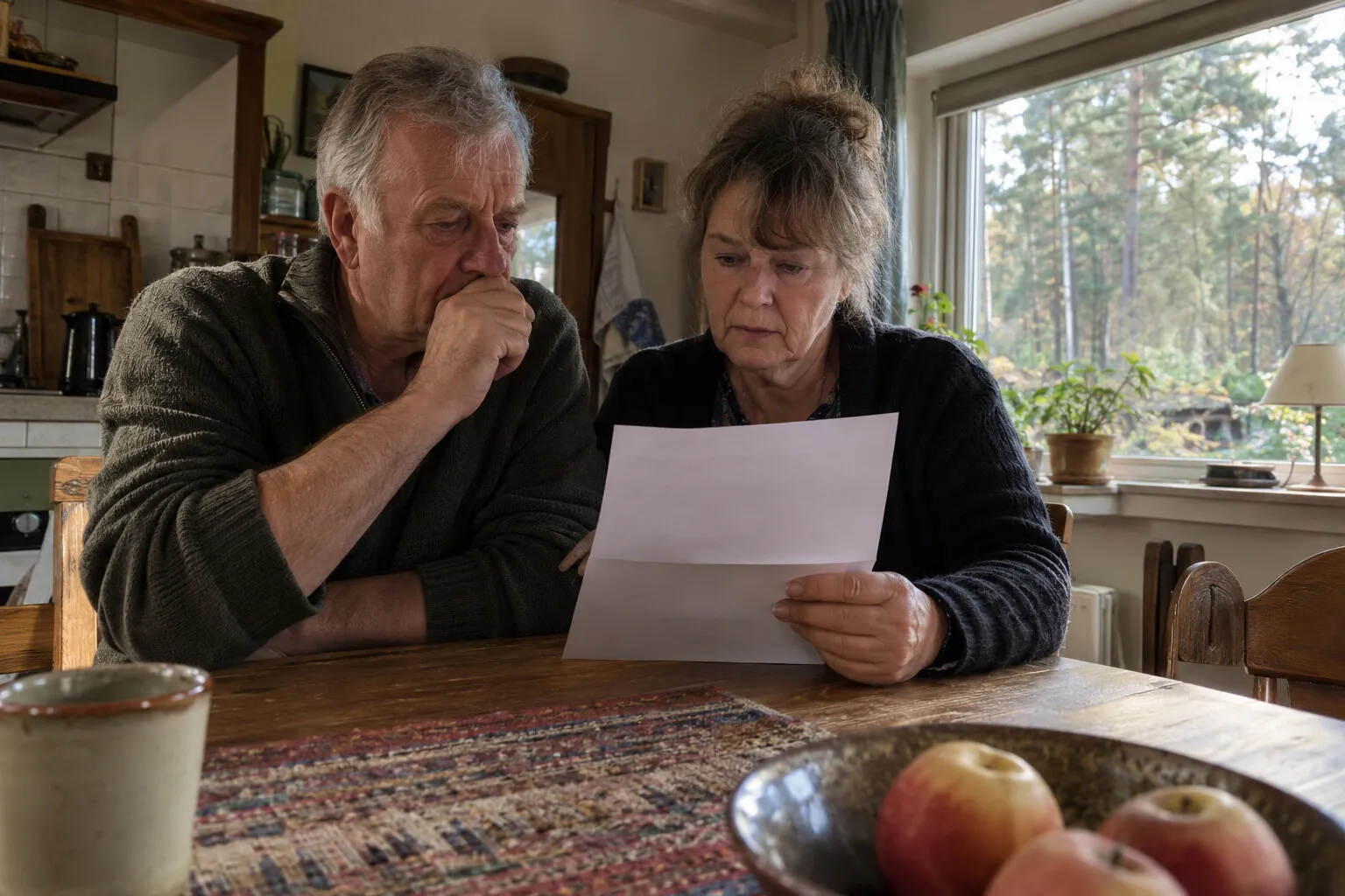 Ouder echtpaar aan de keukentafel leest samen een officiële brief