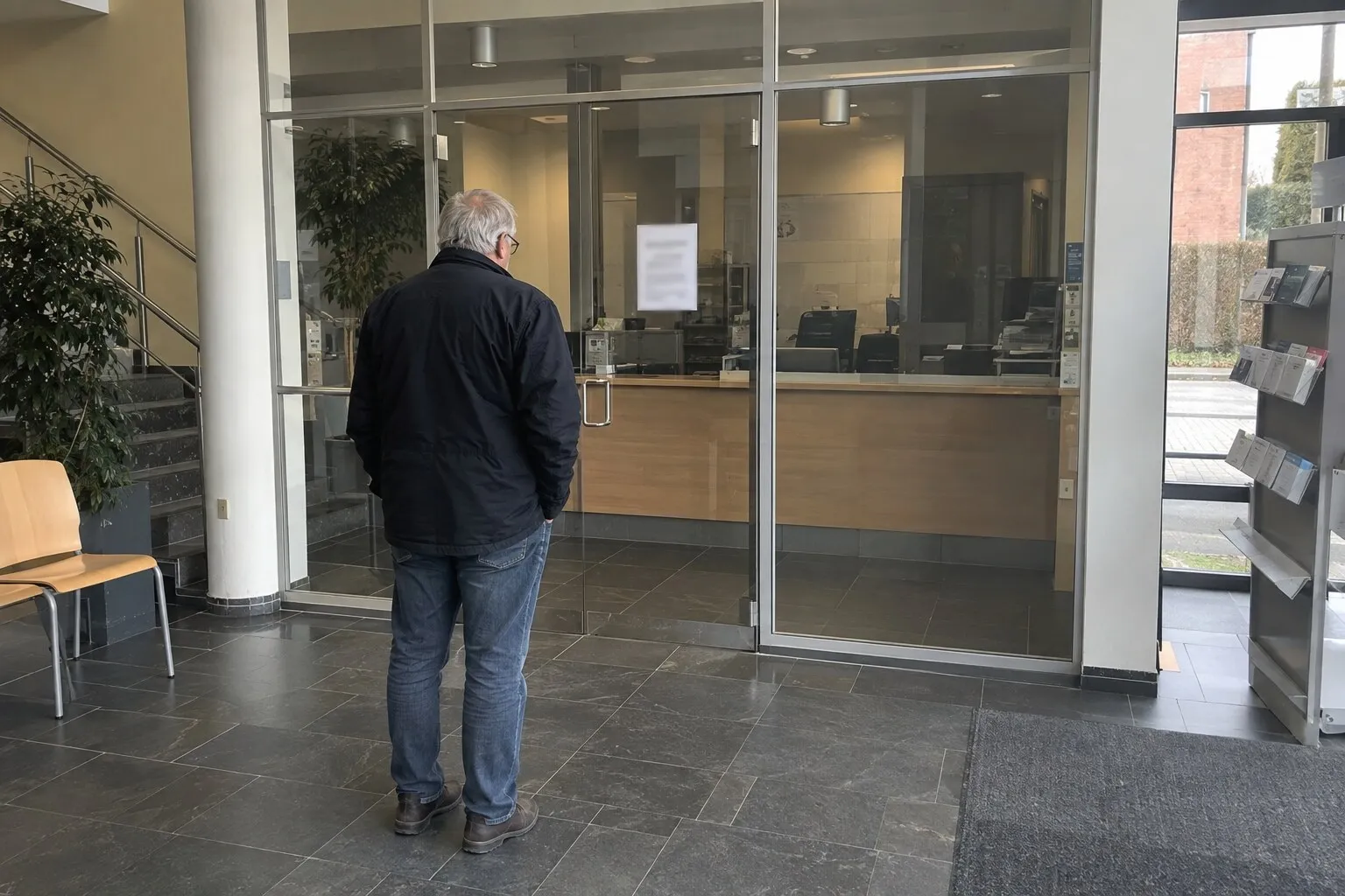 Inwoner staat voor het gesloten loket van een Vlaams gemeentehuis