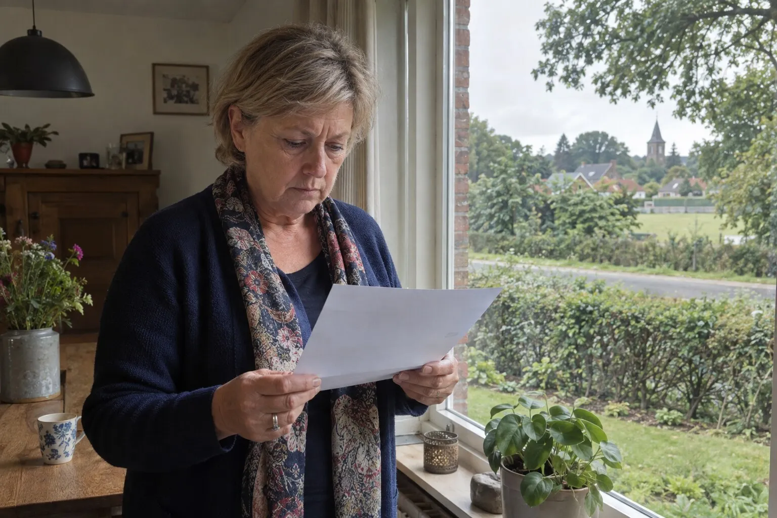 Vrouw bij het raam in een Gelders dorp leest een brief van de gemeente