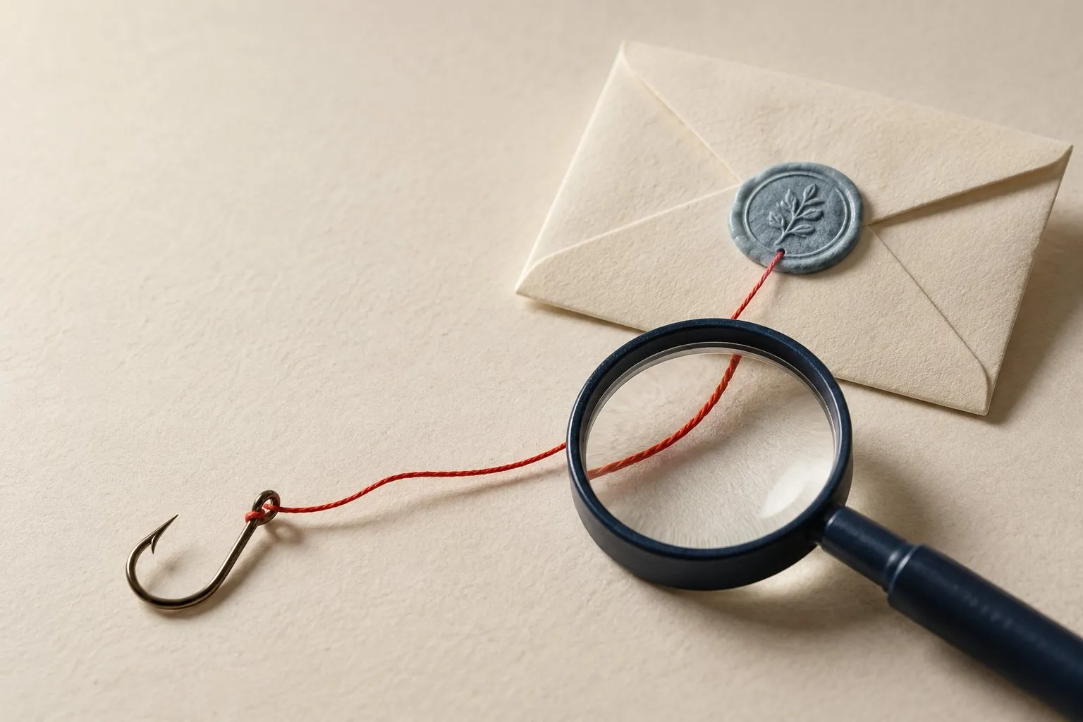 Conceptillustratie: een vergrootglas volgt de rode draad van een envelop naar een haak