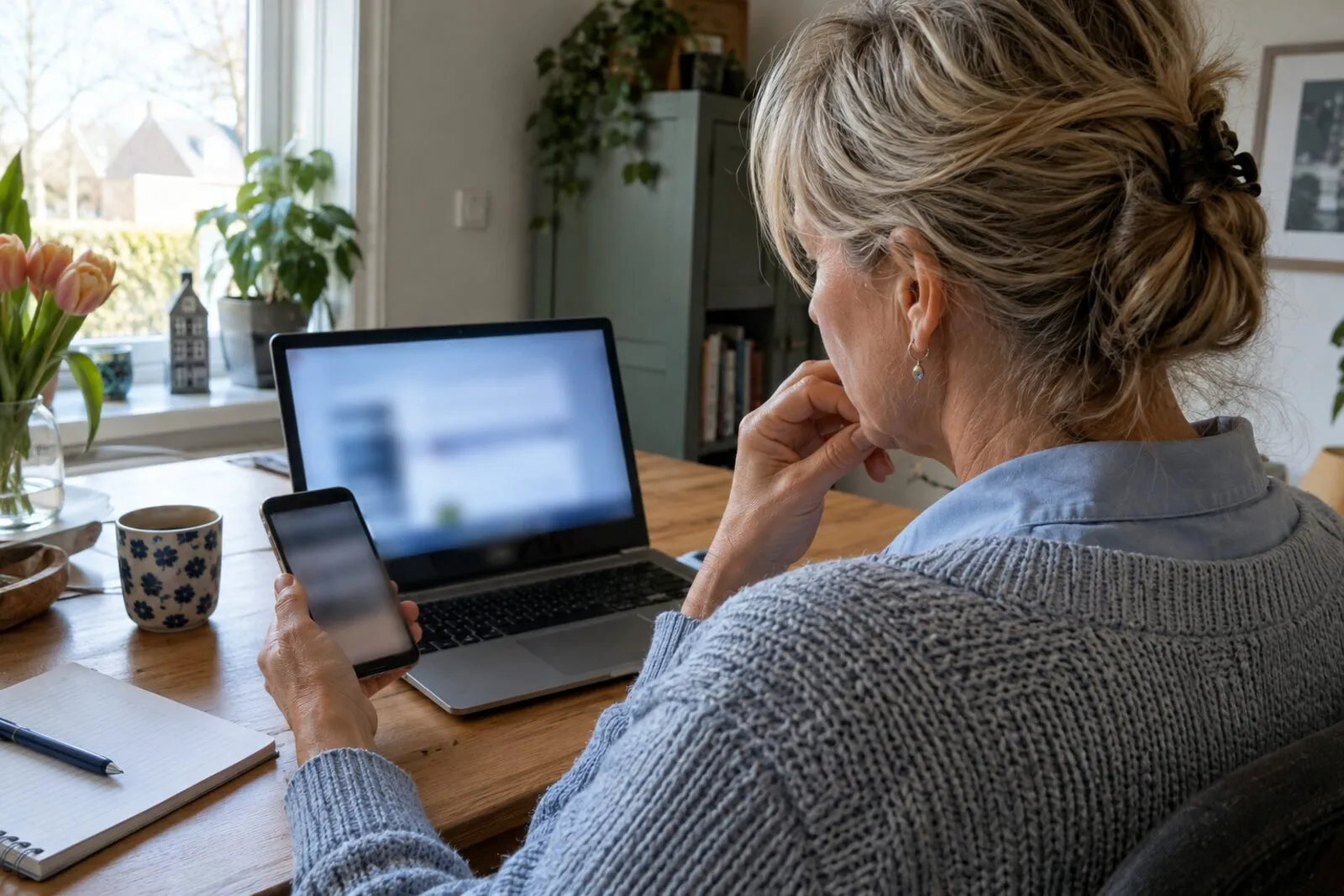 Vrouw aan haar bureau thuis aarzelt met haar hand boven het toetsenbord terwijl haar laptop wordt overgenomen