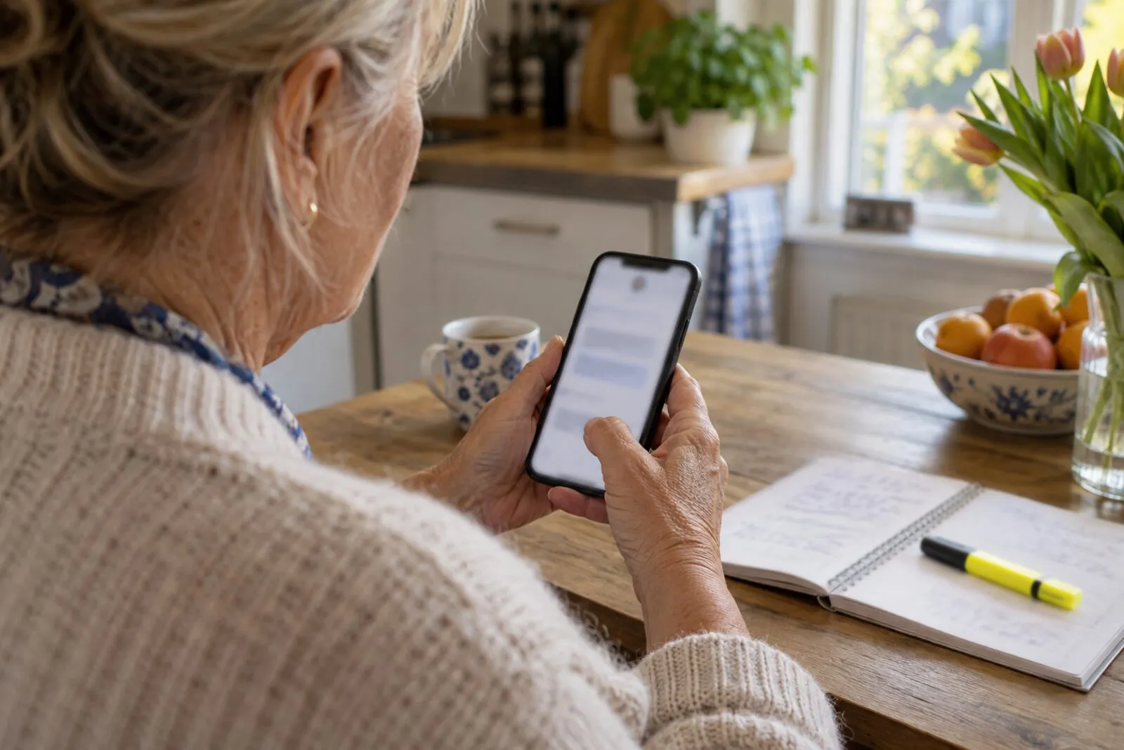 Vrouw aan de keukentafel leest een bericht op haar telefoon, naast haar een gele markeerstift