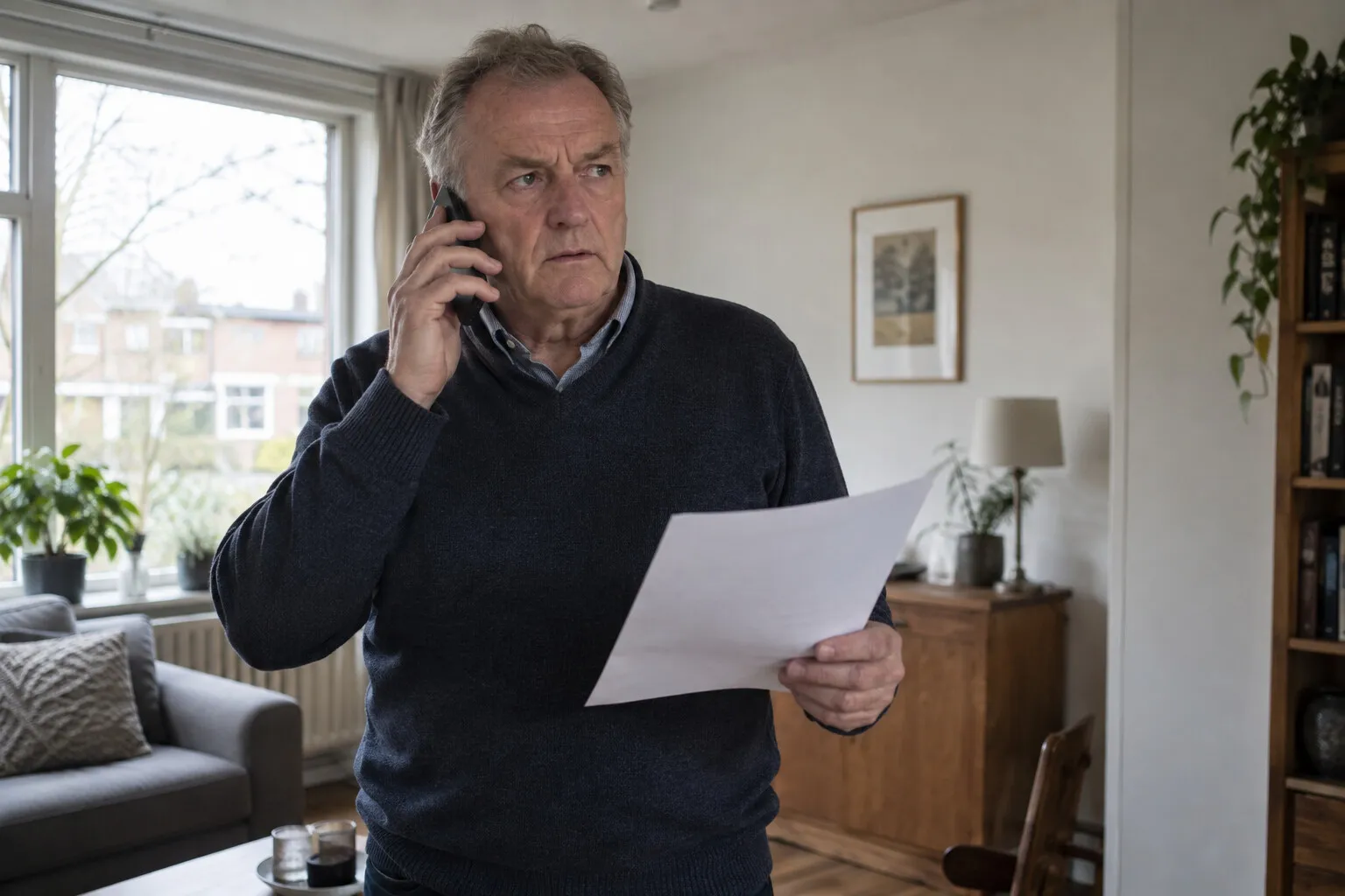 Man in zijn woonkamer belt argwanend met een energierekening in zijn hand