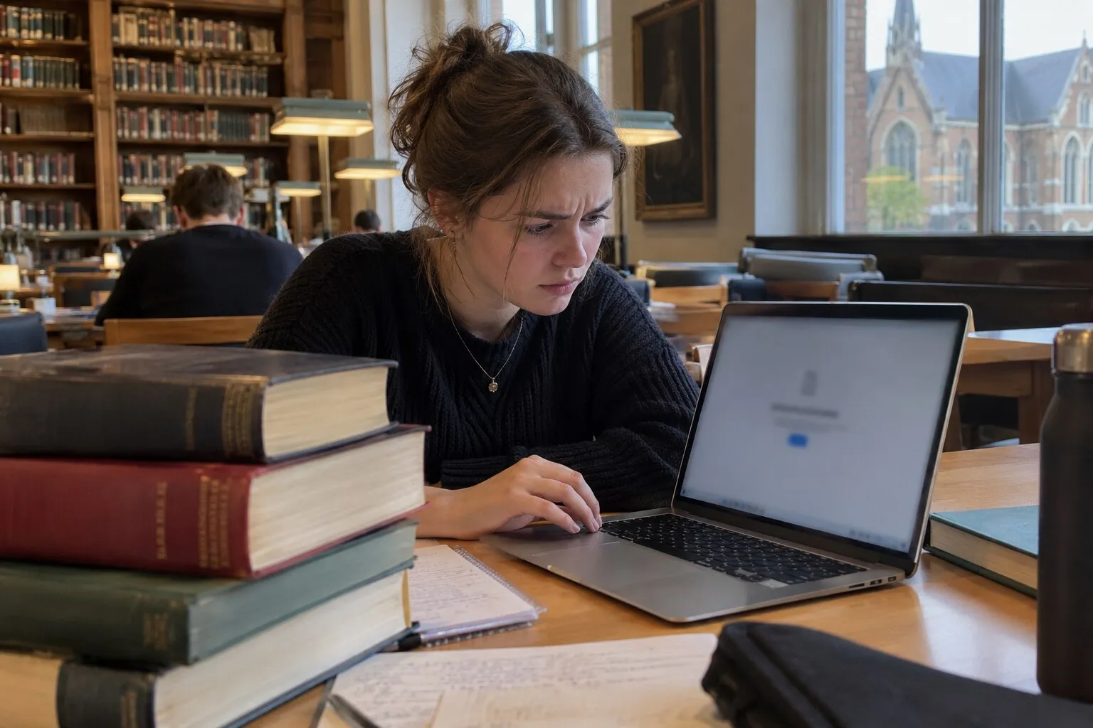 Student in een bibliotheek met woordenboeken en een laptop met een foutpagina