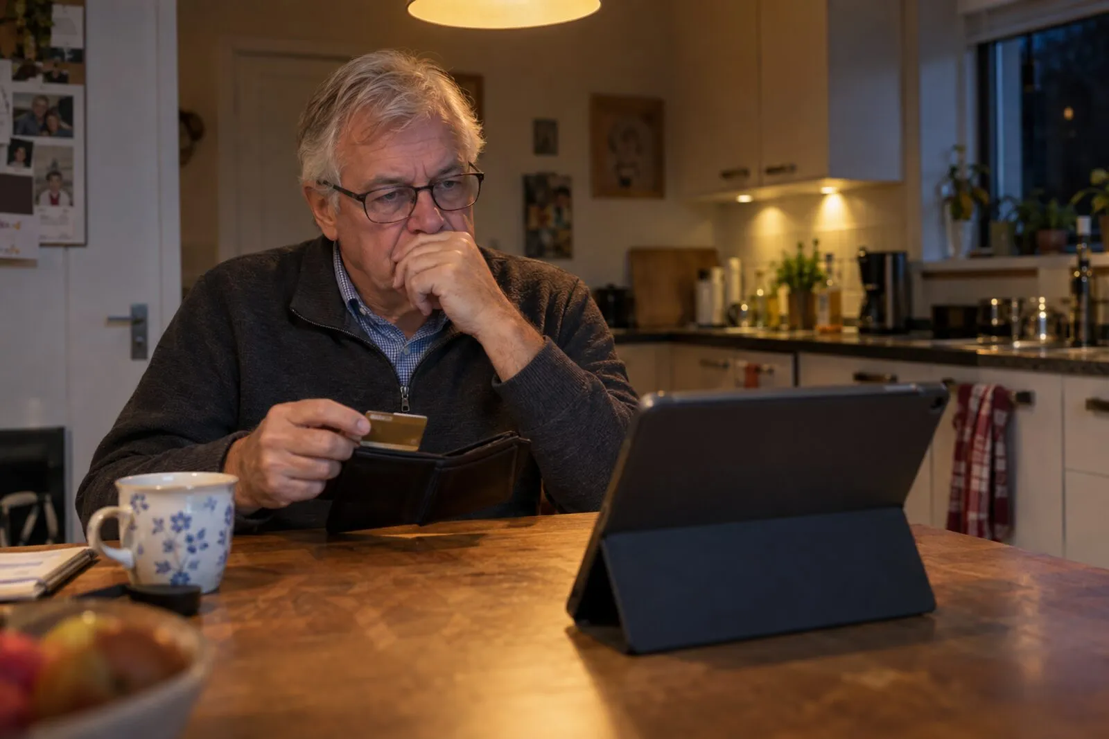 Man aan de keukentafel aarzelt met zijn bankpas in de hand voor hij op een tablet betaalt
