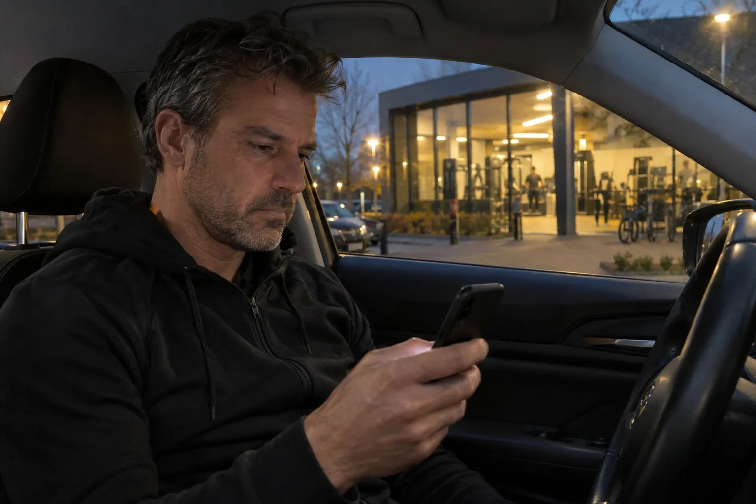 Man in sporthoodie zit 's avonds in zijn auto voor een sportschool en kijkt naar zijn telefoon