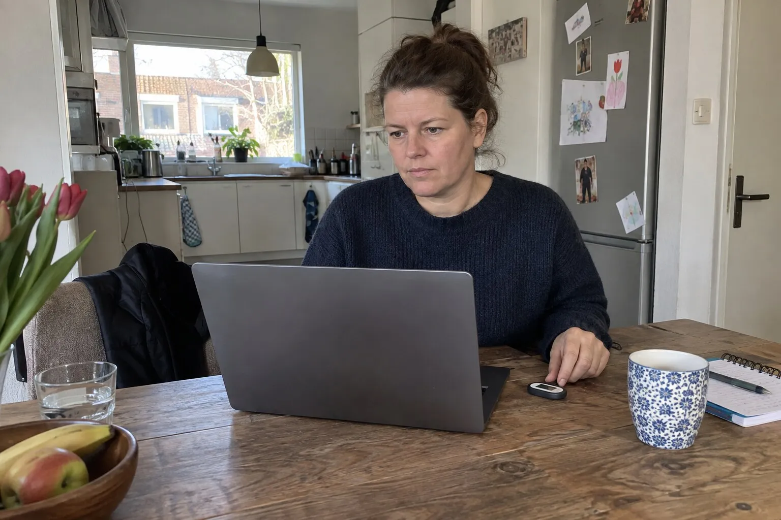 Ambtenaar werkt thuis aan de keukentafel met een werklaptop en kijkt bedenkelijk
