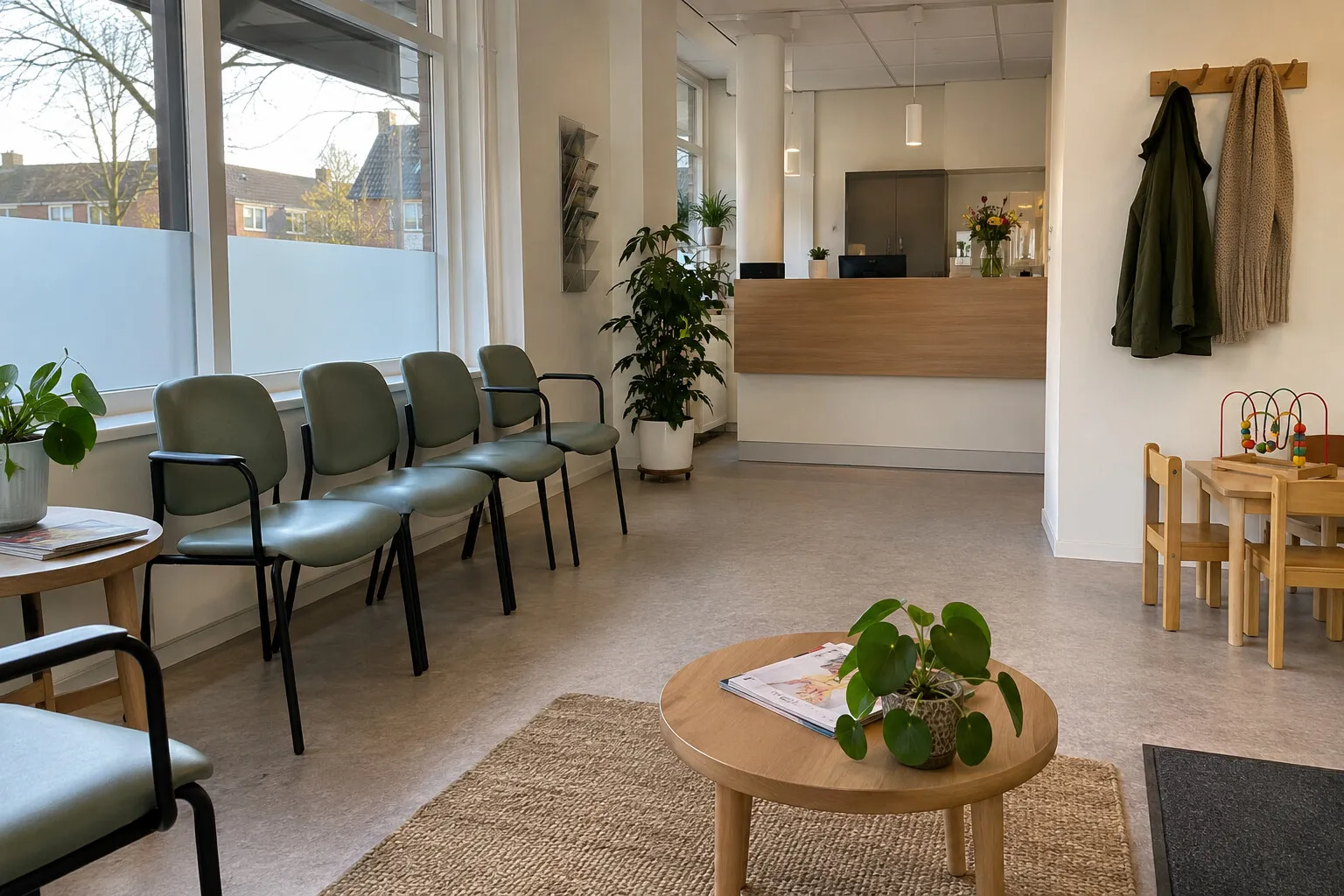Lege wachtruimte van een huisartsenpraktijk met een balie