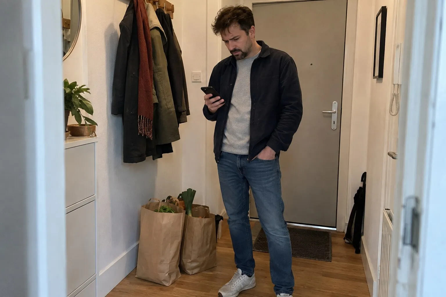Man met boodschappentassen in de hal kijkt fronsend naar een melding op zijn telefoon