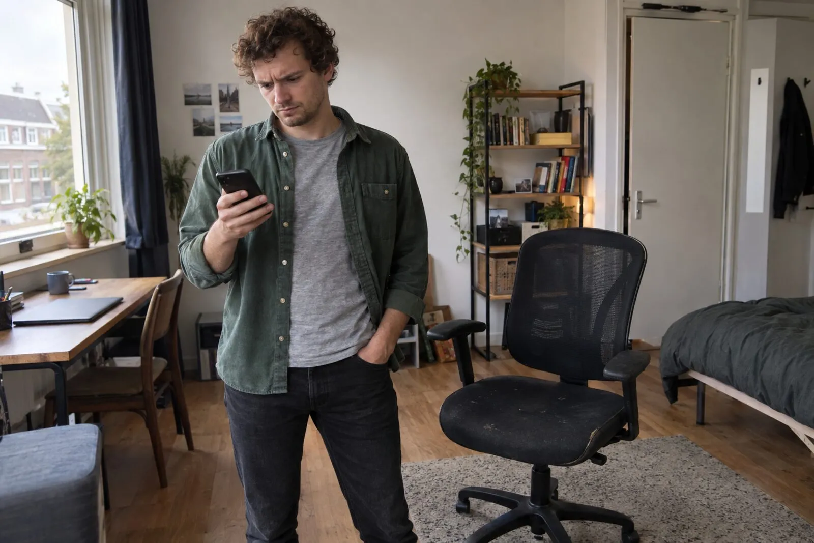 Jonge man in zijn kamer naast een bureaustoel die hij verkoopt kijkt fronsend naar zijn telefoon