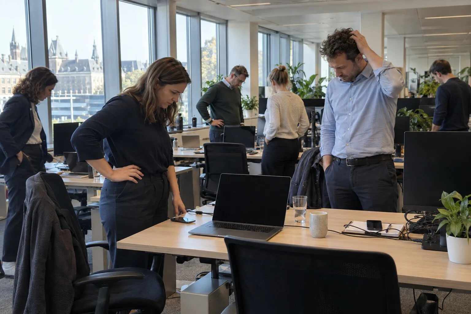 Medewerkers in een kantoortuin van een ministerie kijken naar laptops die niet werken
