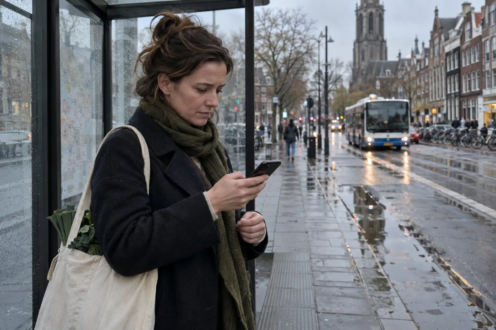 Vrouw op een natte stoep in de stad kijkt fronsend naar een sms op haar telefoon