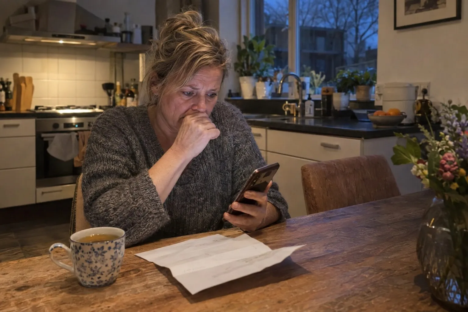 Vrouw aan de keukentafel kijkt bezorgd naar een bericht op haar telefoon, naast een opengevouwen brief
