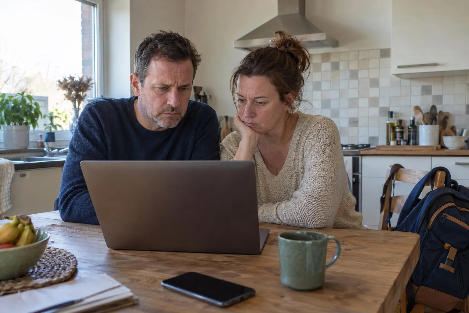 Ouders aan de keukentafel lezen samen een mail op een laptop, met een schooltas naast hen