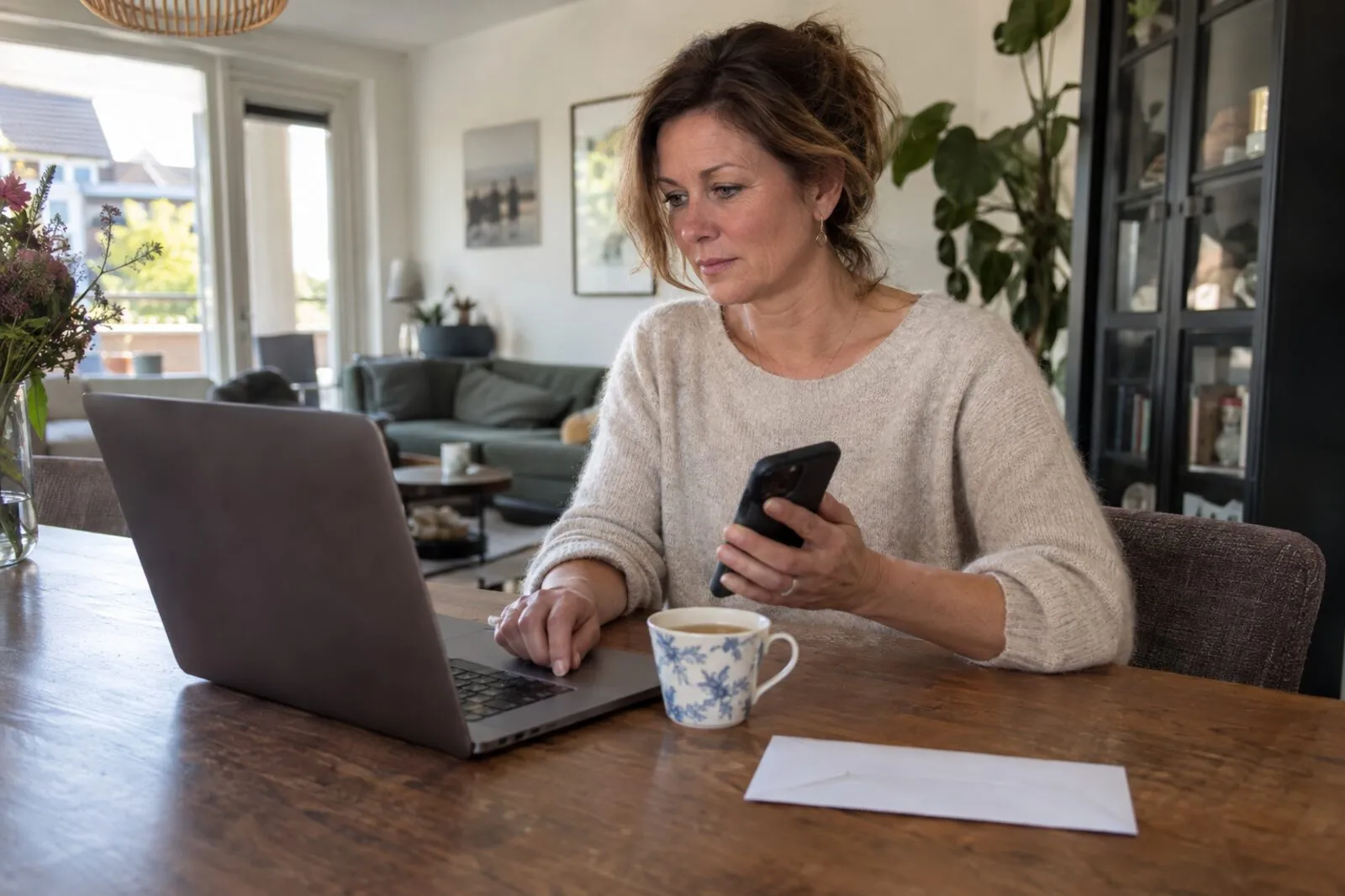 Vrouw aan de eettafel stuurt een verdacht bericht van haar telefoon door via haar laptop
