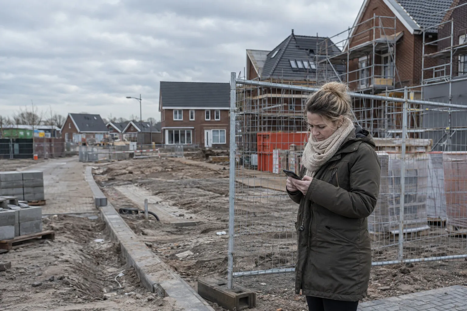 Vrouw bij een bouwhek van een nieuwbouwwijk kijkt op haar telefoon