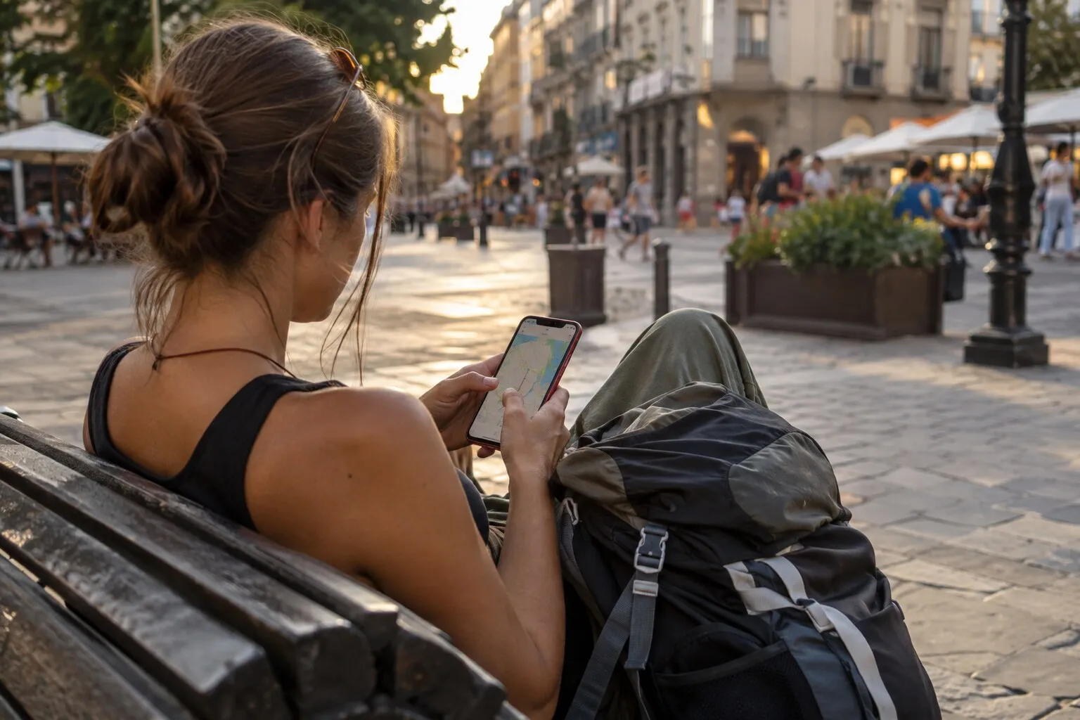 Backpacker op een bankje bekijkt een reisroute op haar telefoon