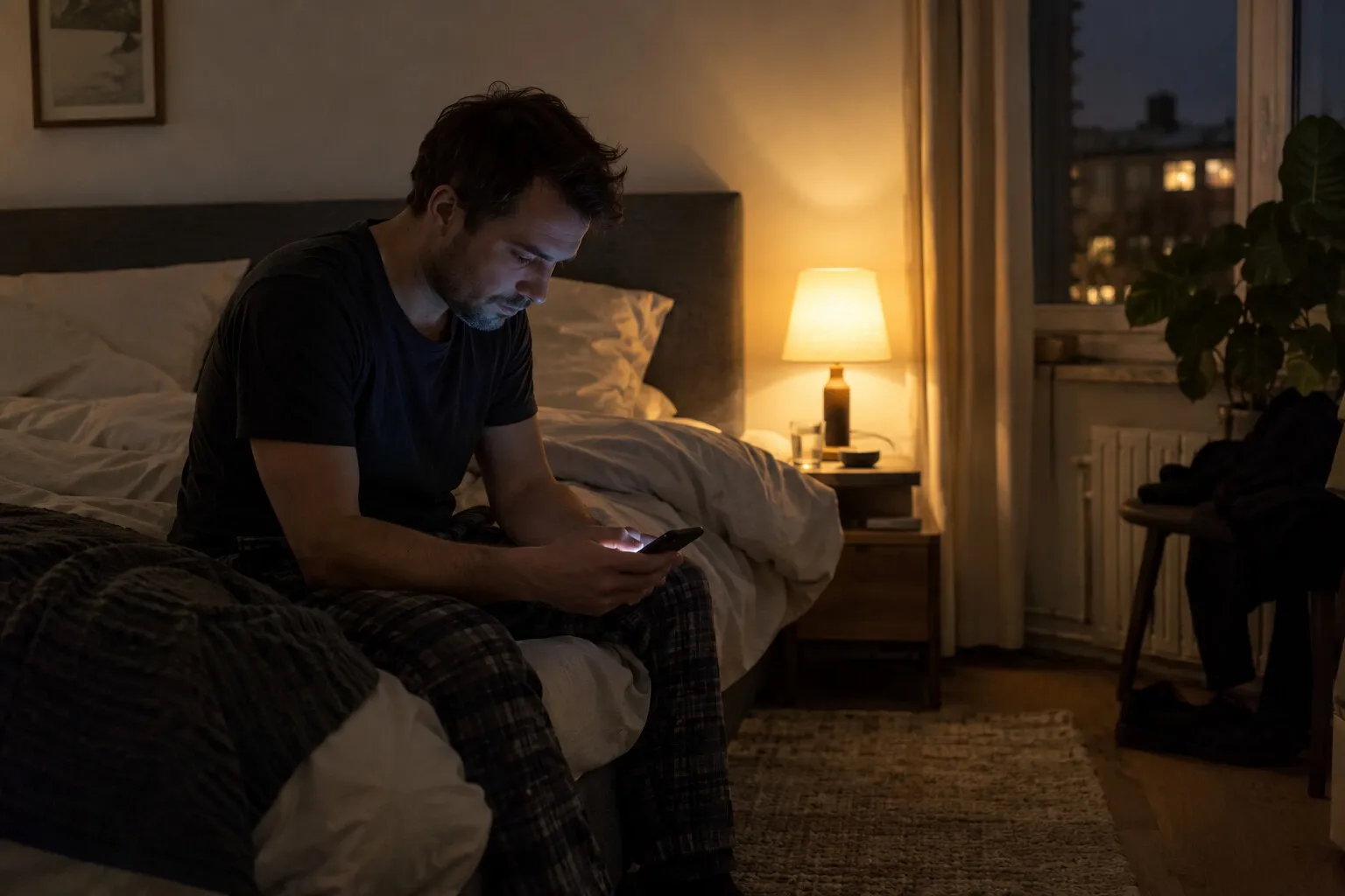 Man zit 's avonds op de rand van zijn bed en staart naar zijn telefoon