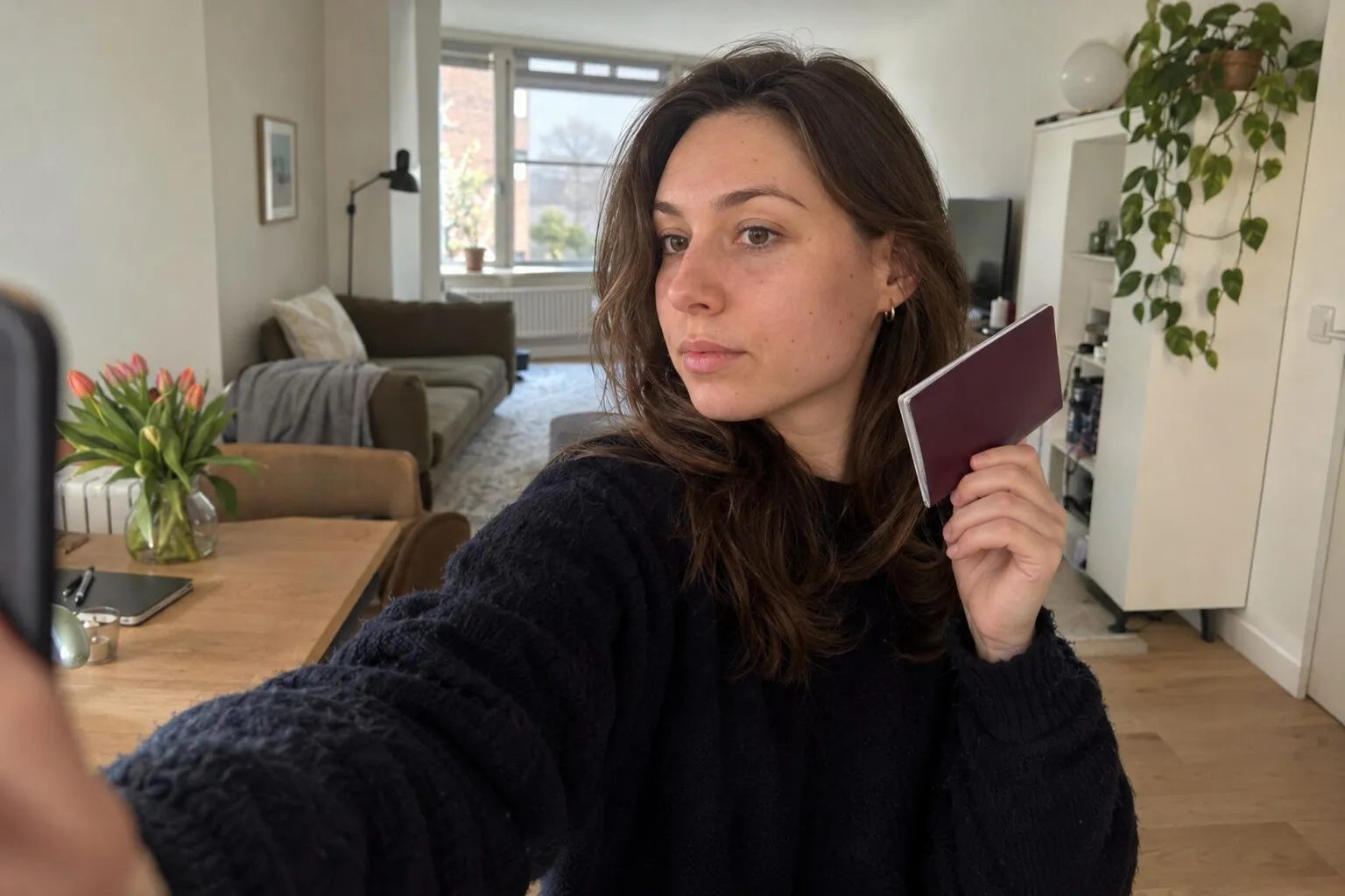 Jonge vrouw maakt een selfie met haar paspoort voor een verificatie-app