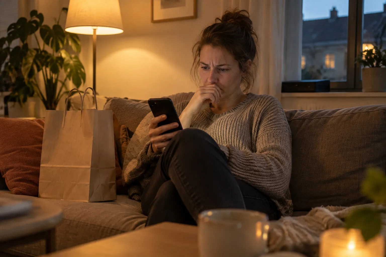 Vrouw op de bank kijkt 's avonds naar haar telefoon, naast een cadeautasje