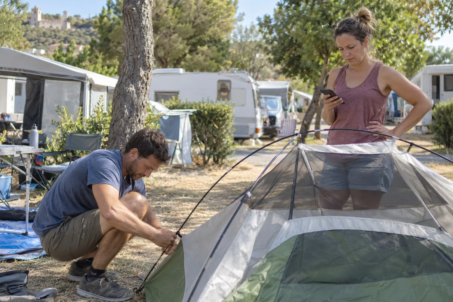 Stel zet een tent op op een Franse camping, de vrouw kijkt naar haar telefoon
