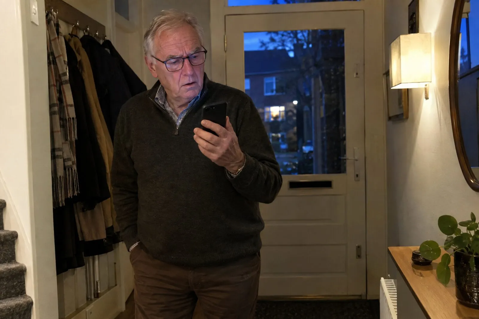 Oudere man in de gang bij de voordeur kijkt argwanend naar zijn telefoon