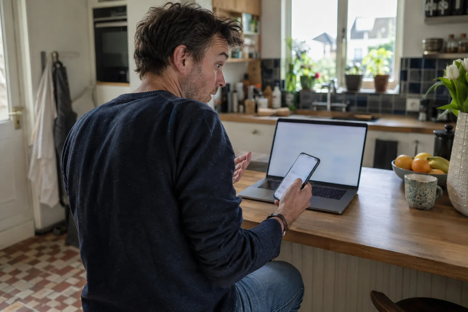 Man op een keukenkruk kijkt verbaasd naar zijn laptop, met zijn telefoon in de hand