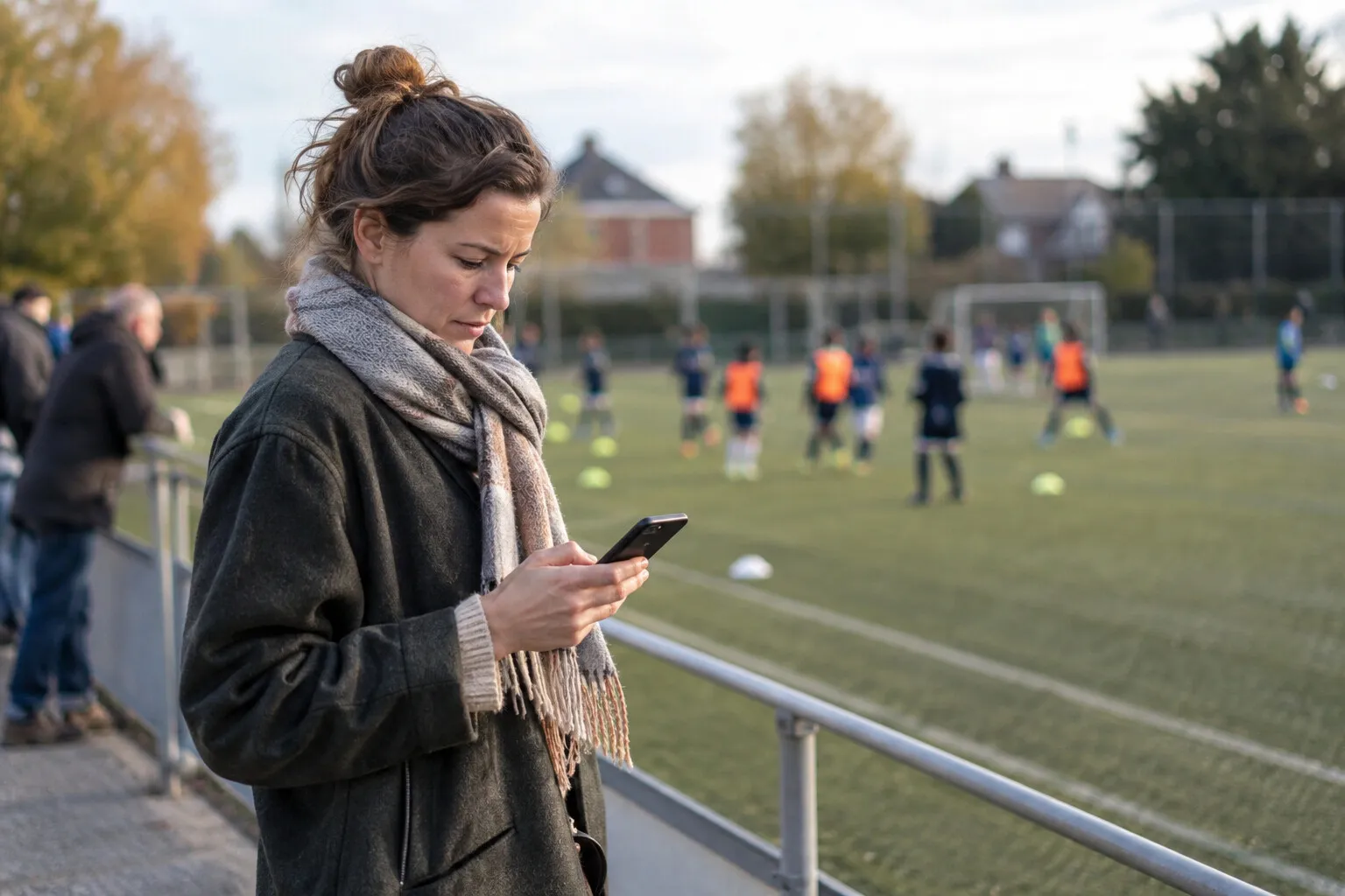 Moeder langs het sportveld bij een jeugdtraining leest een bericht op haar telefoon