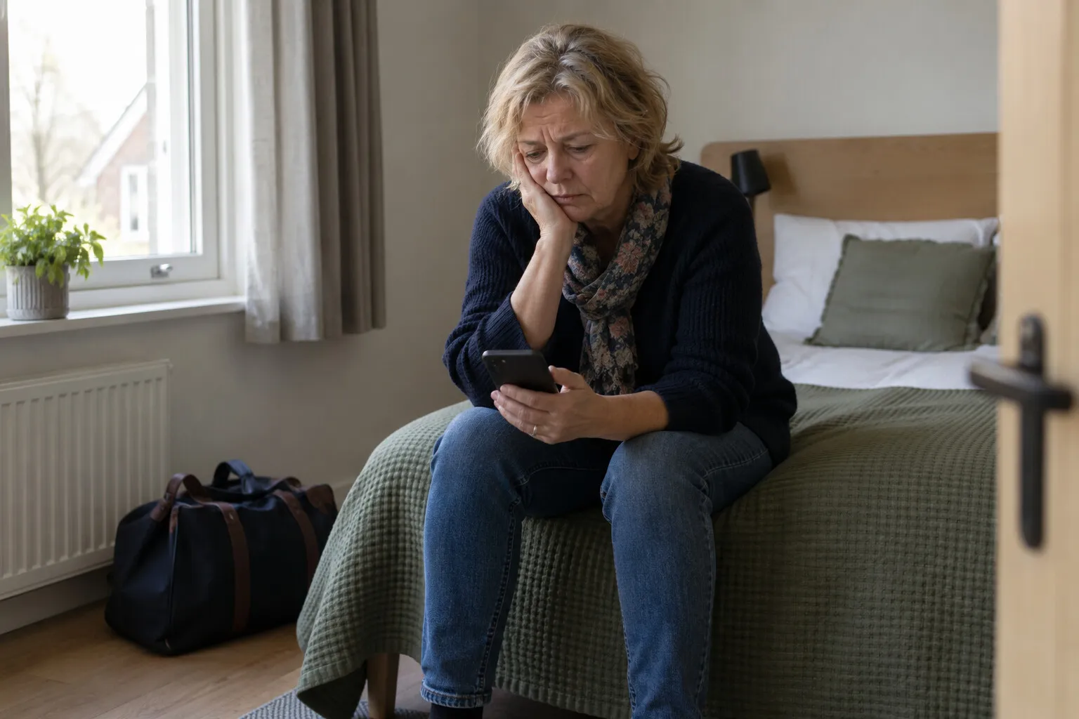 Vrouw zit vermoeid op de rand van een bed in een sobere logeerkamer met haar telefoon