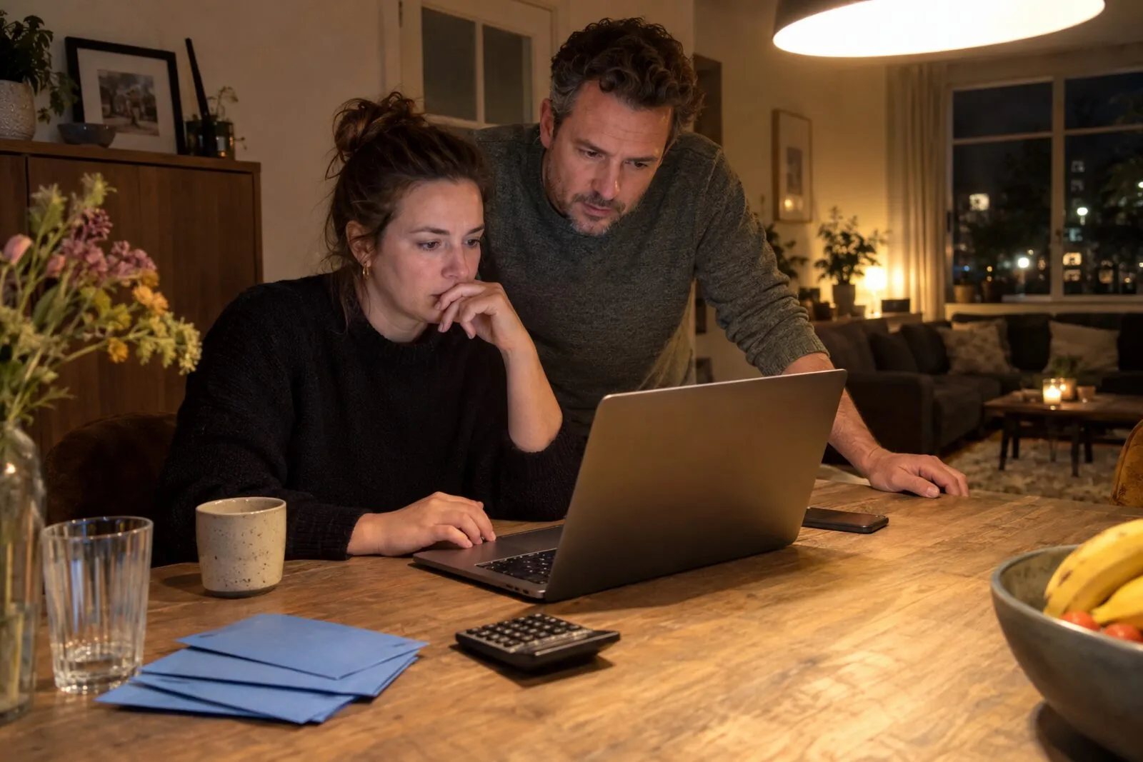 Stel aan de eettafel bekijkt samen een bericht op de laptop, naast een stapel blauwe enveloppen