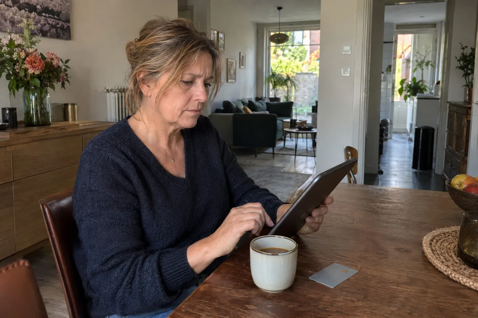 Vrouw leest een mail op een tablet, met haar bankkaart naast een kop koffie op tafel